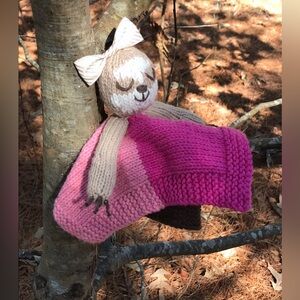 Handmade Knit Sloth Colorblock Square Small Baby Lovie Doll W/ Bow One Of A Kind